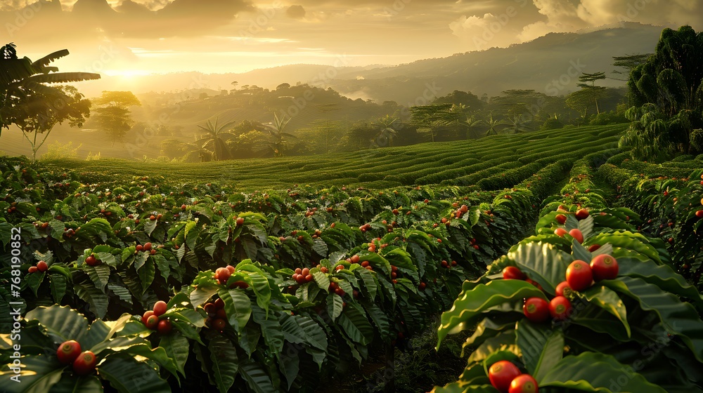 Poster sun setting over coffee field. generative ai