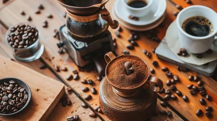  coffee on the table and there are coffee beans being ground using a grinder. © matoya