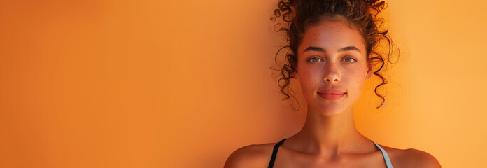 Caucasian woman in sports bra on orange background. - obrazy, fototapety, plakaty
