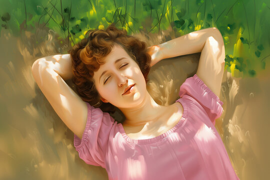 Vintage painting style portrait of woman lying on the ground enjoying summer weather.
