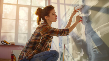 A woman is using a paint roller on a wall.