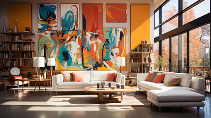A modern room, with original paintings and modern art objects, like a gallery of contemporar - obrazy, fototapety, plakaty