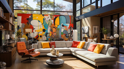 A modern room, with original paintings and modern art objects, like a gallery of contemporary