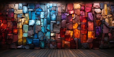 A motley wall made up of bricks of different colors and sizes, like a stained glass window that