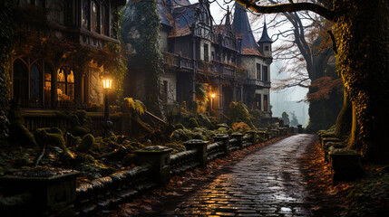 Fototapeta premium A mysterious mansion, among the thickets of picturesque trees, like a monument to great