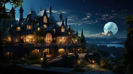 Obraz premium A mysterious mansion, with a view of the radiance of moonlight, like a place where dreams come tr