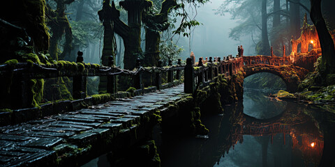 A mystical bridge, lost in thick fogs, like a bridge to hidden secret - obrazy, fototapety, plakaty