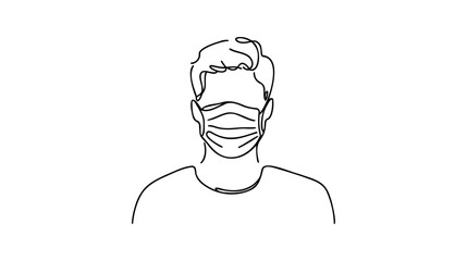One continuous line drawing medical face mask. Concept of coronavirus. Continuous single drawn person in mask one line hand-drawn picture silhouette. Line art. doodle. Vector illustration.