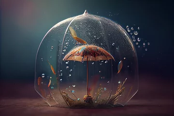 Poster Transparent umbrella under heavy rain against water drops splash © Royalty-Free