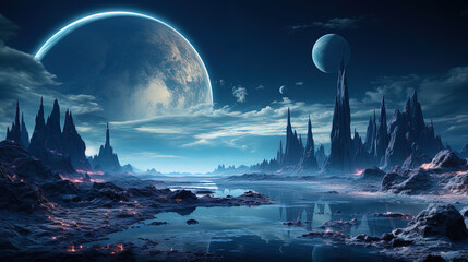 A planet with giant mountains and sparkling crystalline caves, like a world of pure quar - obrazy, fototapety, plakaty