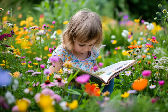 A young girl is reading a book in a garden