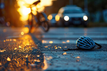 Bicycle helmet on the road after an accident - obrazy, fototapety, plakaty