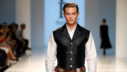 Handsome top model western boy with shiny smooth healthy hair, in the fashion week runway wearing trendy dress