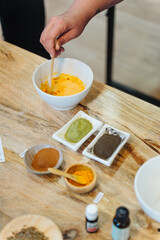 Natural soap workshop. Mixing ingredients to make soap