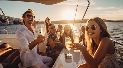 Group of friends celebrating on luxury yacht at summer.