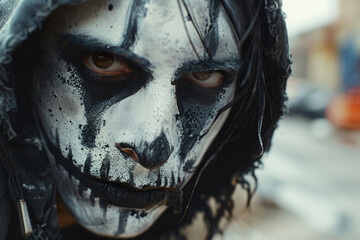 Portrait photo of black metal metalhead with corpse paint makeup - obrazy, fototapety, plakaty