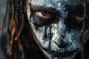 Portrait photo of black metal metalhead with corpse paint makeup