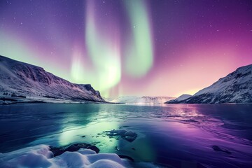 Naklejka premium The aurora borealis, also known as the Northern Lights, is mirrored in the calm waters, creating a mesmerizing display of light.