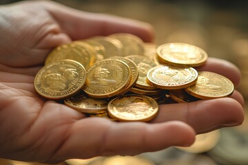 A person holding a handful of gold coins in their hand with a blurred background of gold coins in - Powered by Adobe