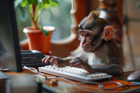 Smart monkey working on a computer in the office
