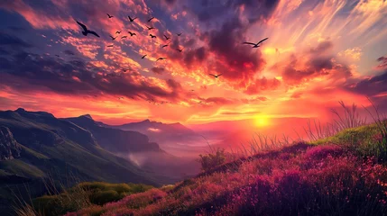 Gordijnen A painting depicting a vibrant sunset with birds soaring through the colorful sky. © Joaquin Corbalan