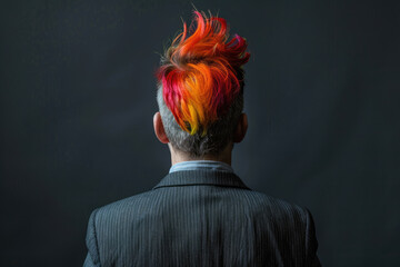 Businessman with alternative style haircut, red mohawk in suit