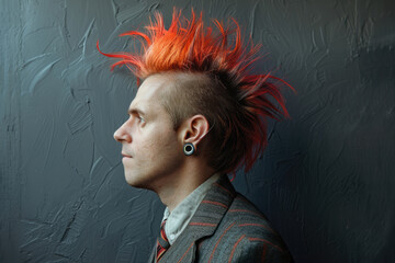 Businessman with alternative style haircut, red mohawk in suit