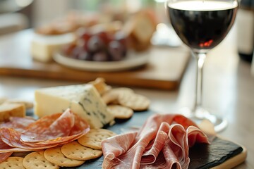 A glass of wine sits alongside a plate of cheese and crackers, including Spanish starters like prosciutto and Parma ham.