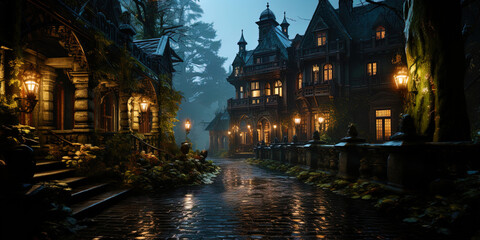 Obraz premium Gothic mansion, with gloomy windows, like the legendary shelter of witches and sorc