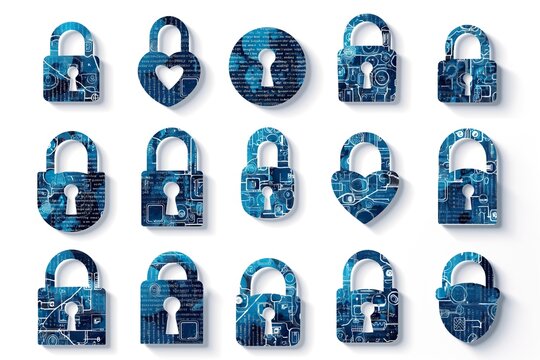 Collection of blue padlocks featuring a heart-shaped lock for securing and protecting.