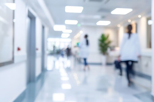 Blurred image of doctor and nurses walking down a hospital hallway.
