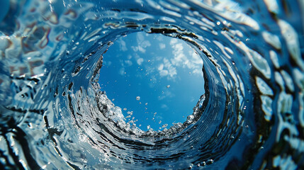 
buraco na água com câmera de ação, vista do céu azul - obrazy, fototapety, plakaty