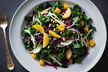 Winter slaw of kale, beetroot and fennel, pickled golden raisins, red cabbage, and spiced pear dressing