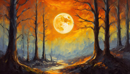 Obraz na płótnie Canvas Oil painting of spooky forest with full moon on orange background. Dead trees. Wild nature.