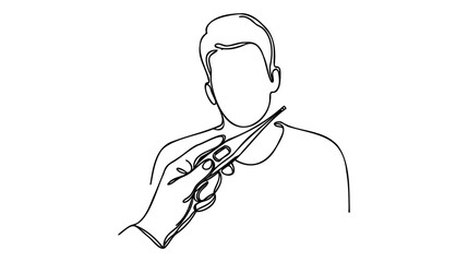 Single one line drawing man headache have a fever, flu and check thermometer measure body temperature. Sick people concept. Continuous line draw design graphic vector illustration.