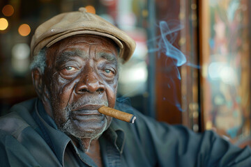 Fototapeta na wymiar Senior old African American man smoking a cigar