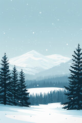 Fototapeta na wymiar Tranquil winter scene unfolds with snow-capped pines and towering mountains set against a crisp blue sky. Minimalistic background for social media post or smartphone wallpaper