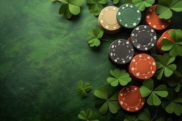 Various colored poker chips arranged on a green table in a group. - Powered by Adobe