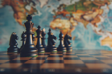 Chessboard with chess pieces located on world map, Concept of global tactics and geopolitics - obrazy, fototapety, plakaty