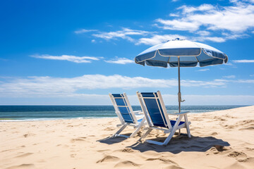 Two lounge chairs and a sunshade umbrella on the sandy beach, blue sky wit white clouds - obrazy, fototapety, plakaty