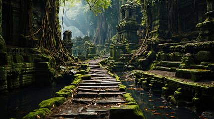 Mysterious jungle with centuries old trees and powerful roots, like guards of time and spac - obrazy, fototapety, plakaty