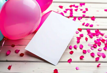 Blank card with balloons on wooden background, with confetti, print and background for greeting card,