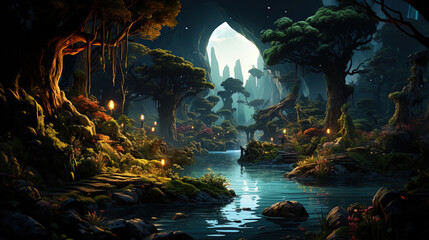 Shadowed jungle with mysterious twilight and the game of light and shadow, like a magical theater