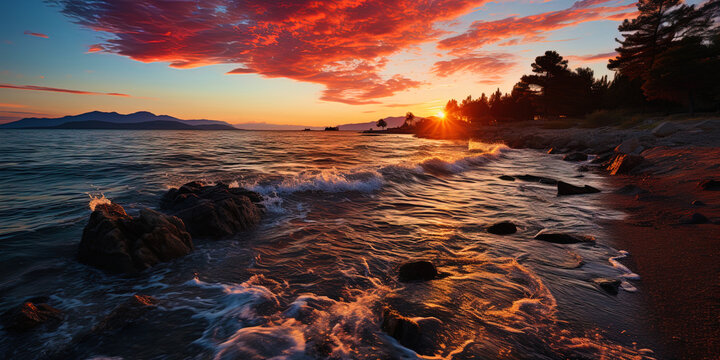 Sea sunset staining the sky in fiery shades, like a farewell on th