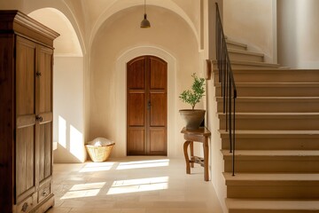 A hallway featuring a wooden door and a potted plant, with a wooden cabinet near a venetian stucco wall with an arched d c.