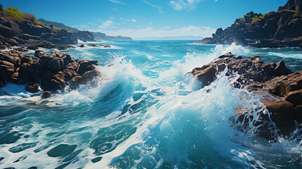 Swift waves crashing against rocks, like a song - obrazy, fototapety, plakaty
