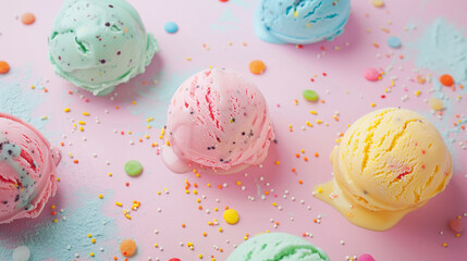 Colorful melted ice cream balls in pastel colors. Sweets background. Pink blue yellow mint horizontal banner