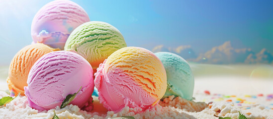 Colorful ice cream balls in bright colors. Sweets background banner with copy space. Pink blue yellow mint