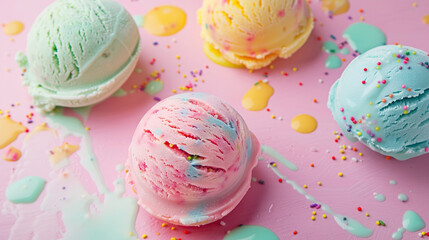 Colorful melted ice cream balls in pastel colors. Yummy sweets background. Pink blue yellow mint