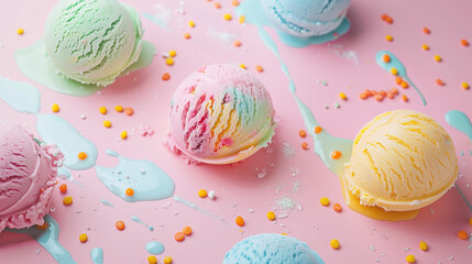Colorful melted ice cream balls in pastel colors. Background with sweets. Pink blue yellow mint color